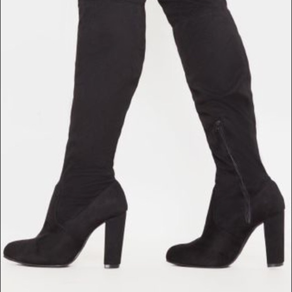 Bess Black Faux Suede Heel Thigh Boots